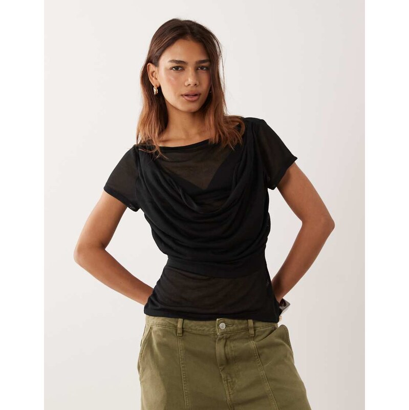 ASOS DESIGN soft semi sheer drape overlay top in black