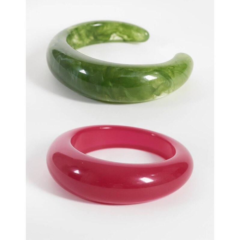 ASOS DESIGN pack of 2 resin bangles in pink and green-Multi