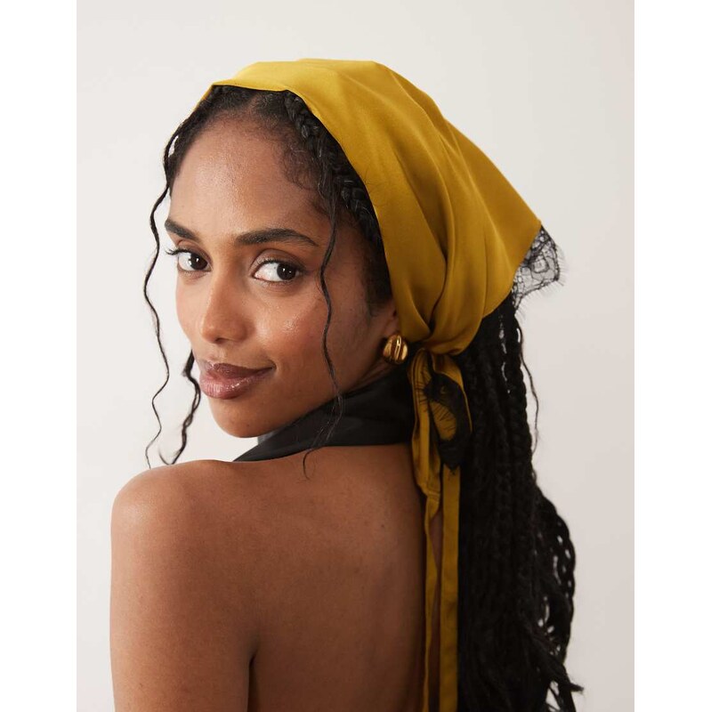 ASOS DESIGN medium scarf with lace trim and tie in chartreuse