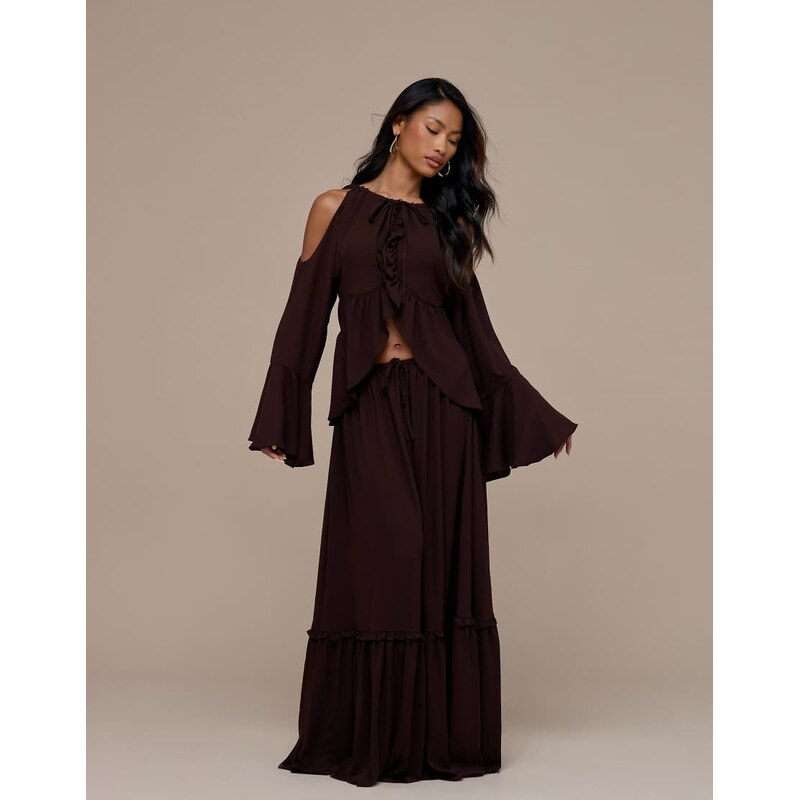 Wanderdoll Meadow tiered maxi skirt co-ord in chocolate-Brown