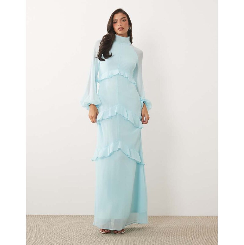 Daska chiffon tiered frill high neck maxi dress in soft blue