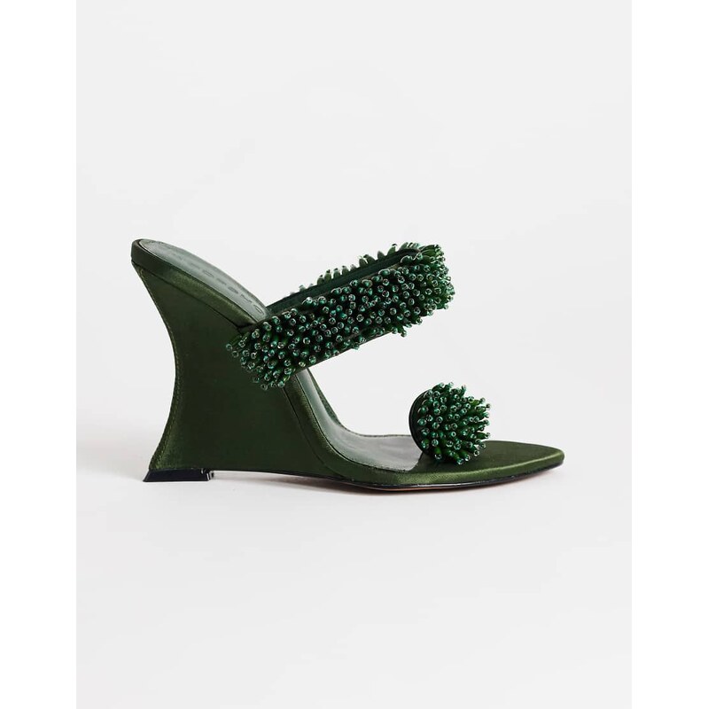 Topshop Nico wedge mule with embellishment in olive satin-Green