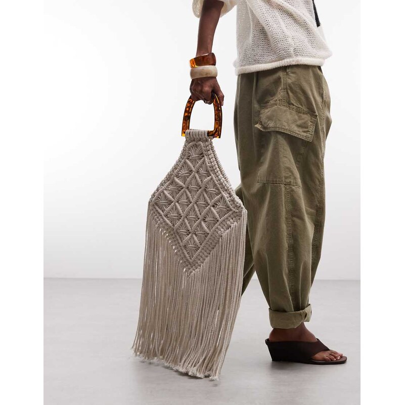 ASOS DESIGN macrame fringe tote bag in natural-Neutral