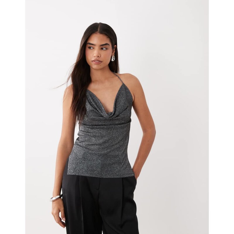 ASOS DESIGN cowl halter neck top in black metallic