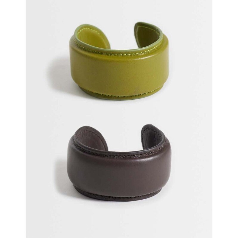 ASOS DESIGN pack of 2 bangles with faux-leather in multi-Gold