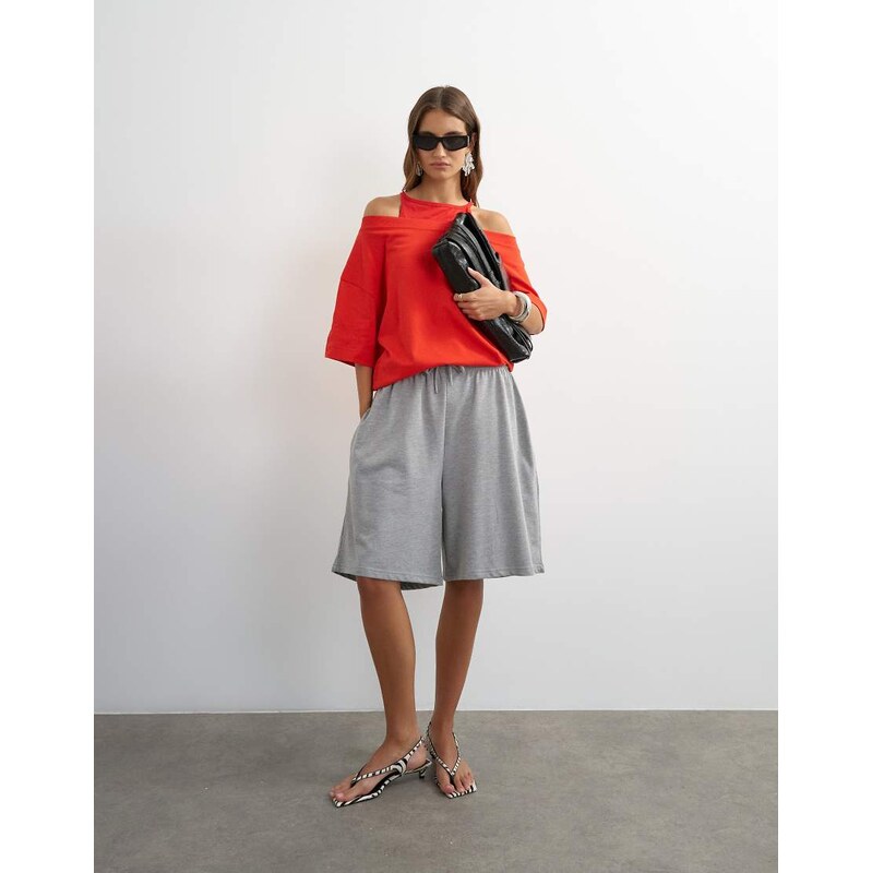 Topshop washed long line tie detail shorts in grey marl