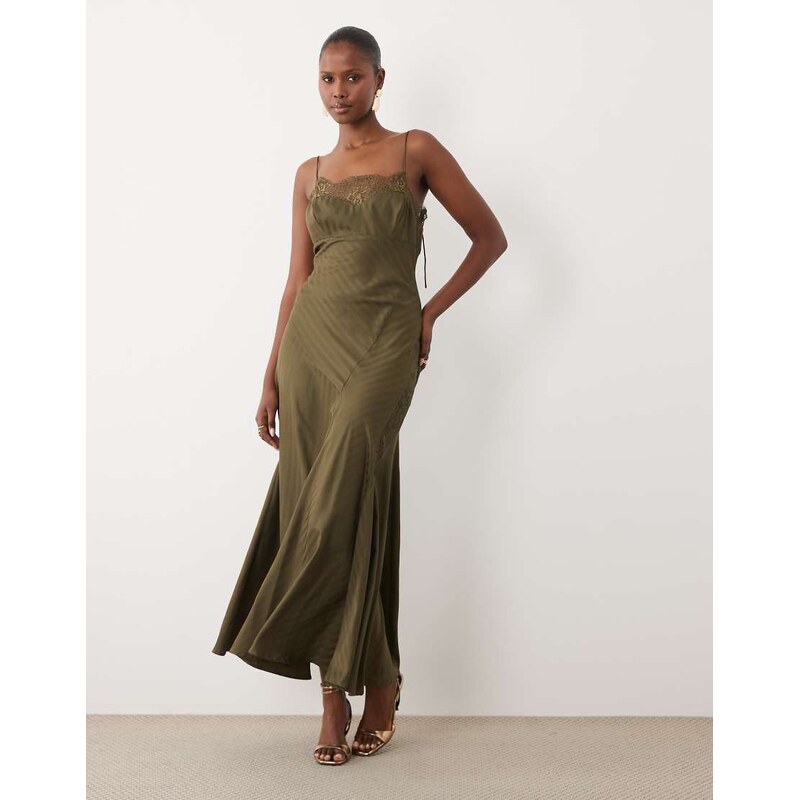 ASOS DESIGN striped satin cami slip maxi dress with lace trim in