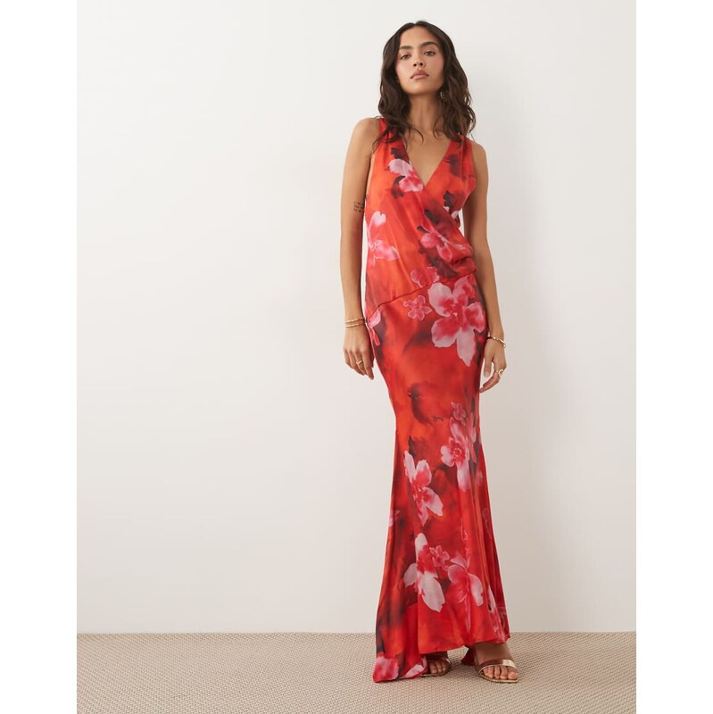 ASOS DESIGN Premium plunge modal satin maxi dress in red floral