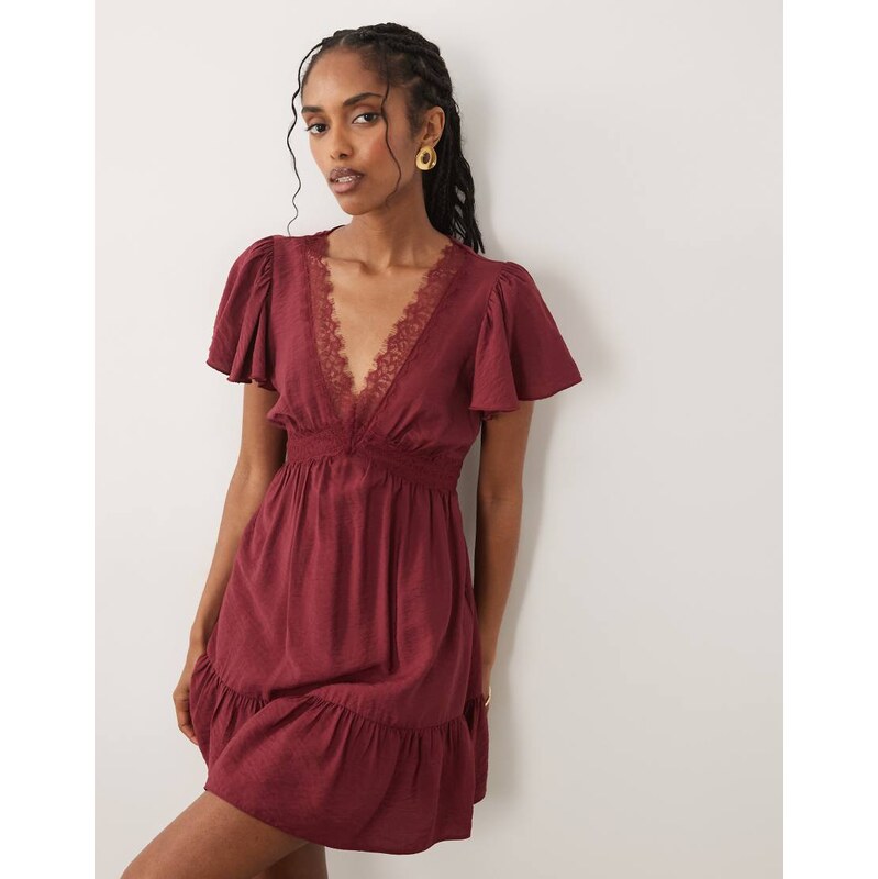 New Look lace trim flutter sleeve mini dress in burgundy-Red