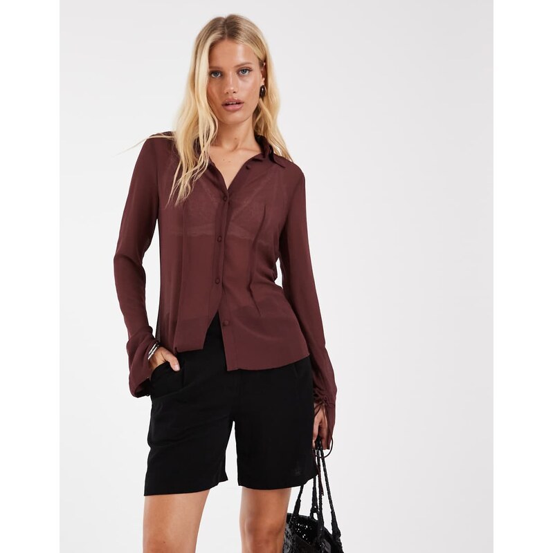 ASOS DESIGN sheer 90s shirt in dark brown