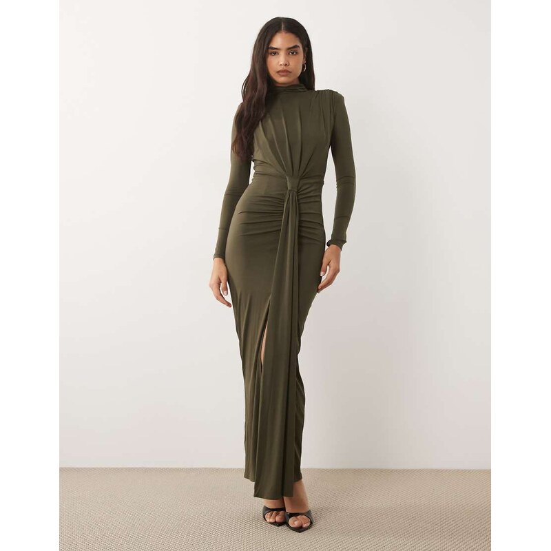 TFNC slinky shoulder pad draped front maxi dress in khaki-Green