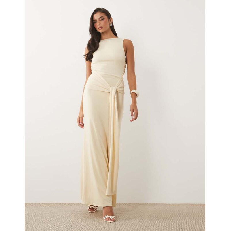 TFNC slinky slash neck open back tie detail maxi dress in cream