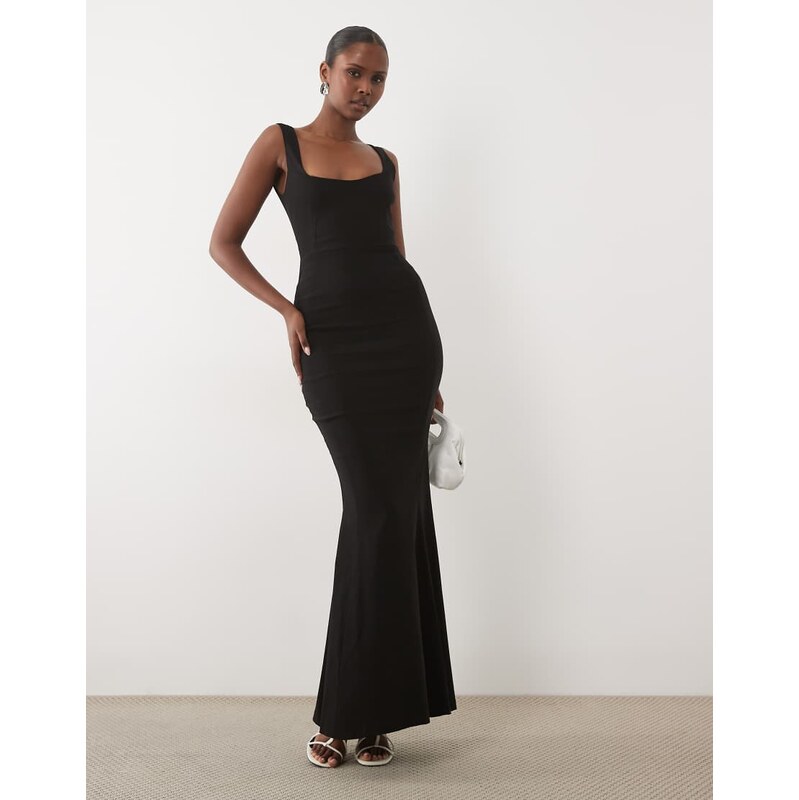 Vesper bengaline square neck fishtail maxi dress in black