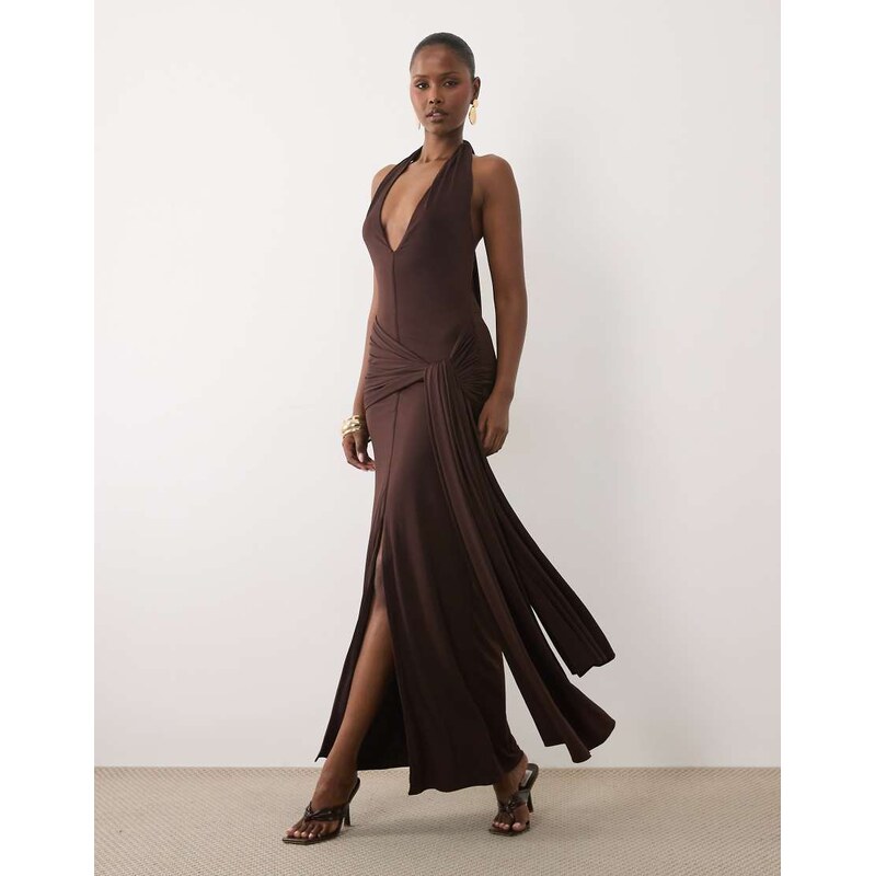 TFNC slinky halter neck plunge maxi dress in chocolate-Brown