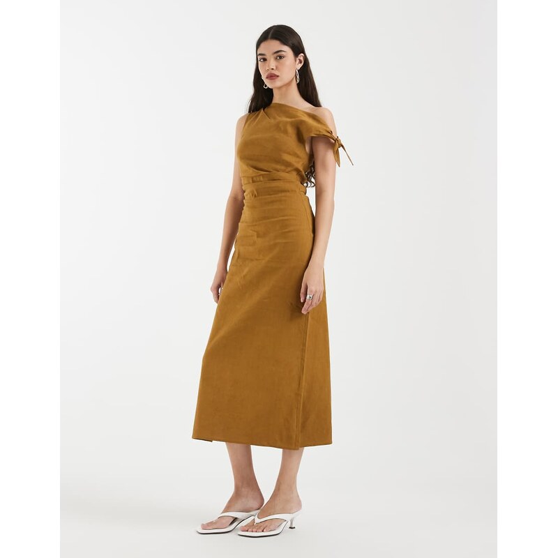 & Other Stories linen rich one shoulder midi dress in tan-Brown