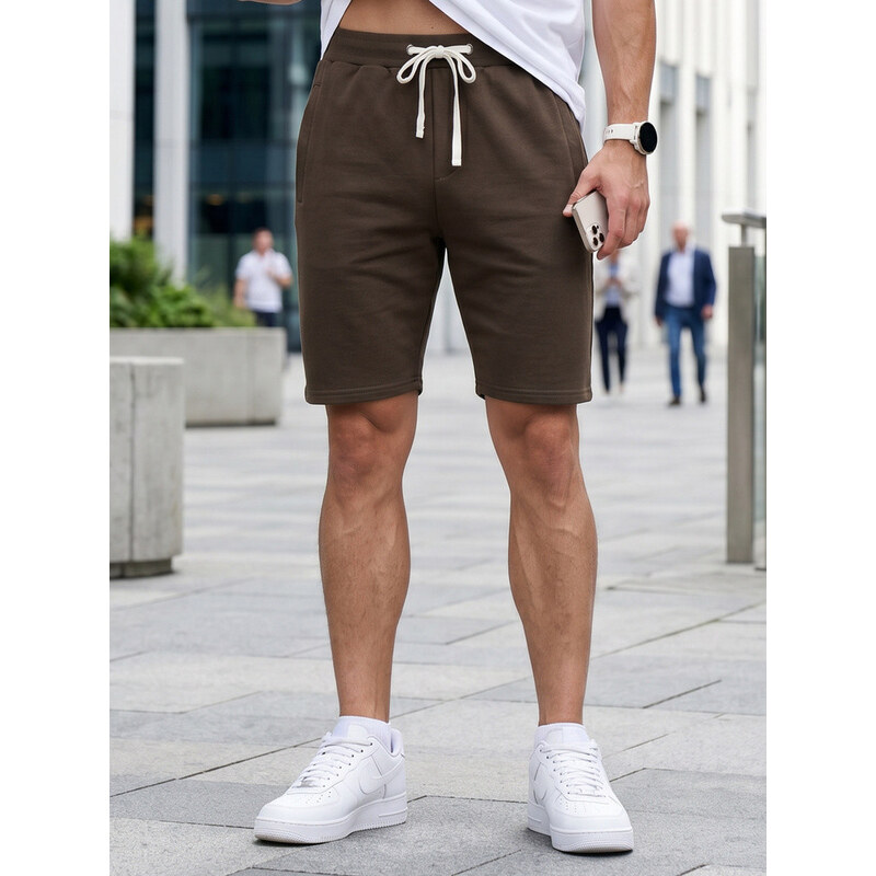 Pánské teplákové kraťasy s tkaničkou, hnědé, FashionStreet