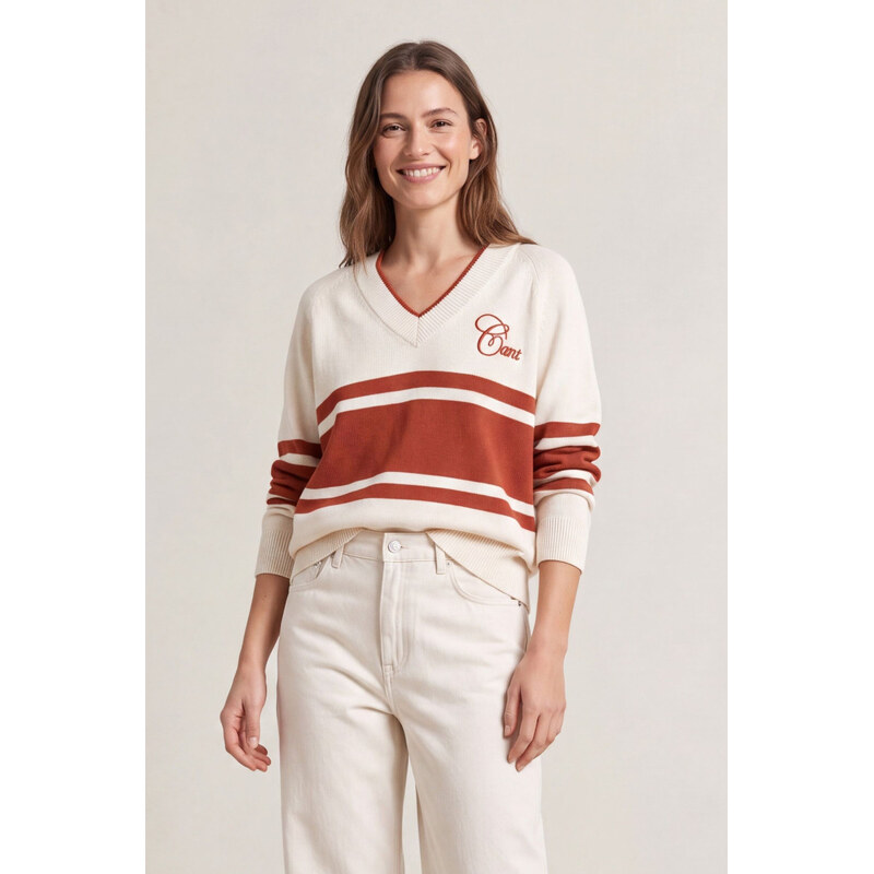 SVETR GANT COTTON VARSITY V-NECK DEEP GRAPE WINE