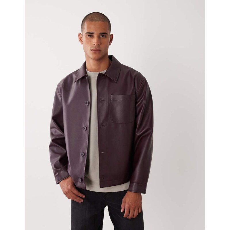 ASOS DESIGN faux leather shacket in burgundy-Red