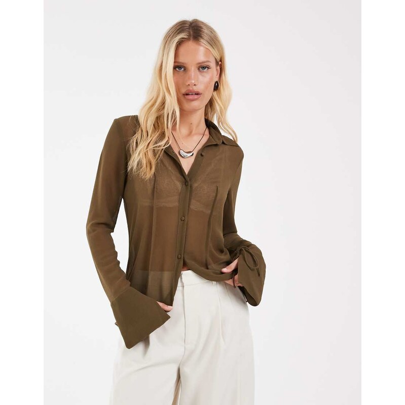 ASOS DESIGN sheer 90s shirt in khaki-Green
