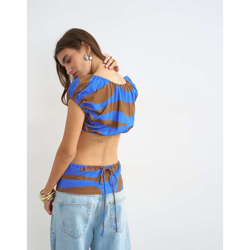 Topshop stripe ruched back cut out top in brown-Multi