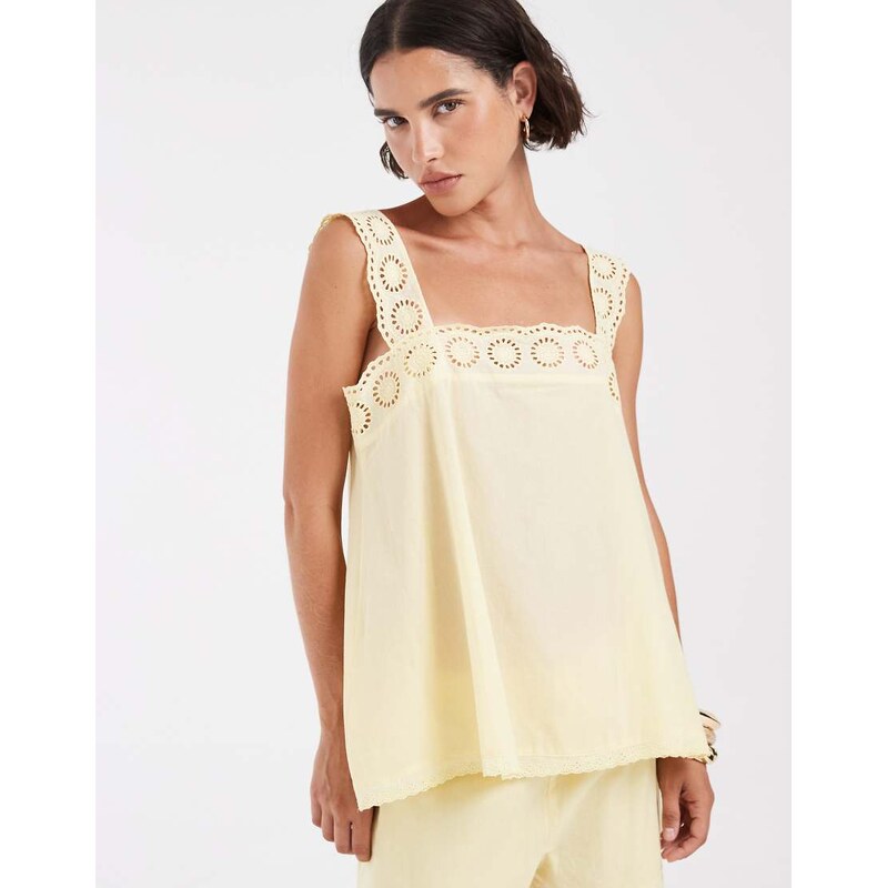 ASOS DESIGN cotton lace trim babydoll top co-ord in buttermilk