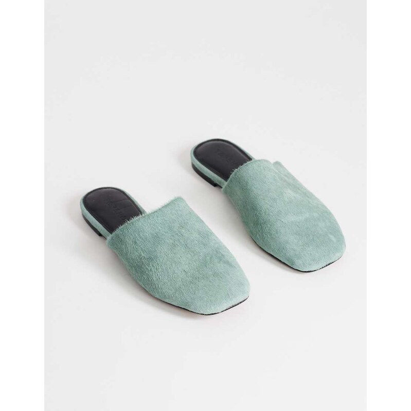 Topshop Lillie real hair on leather round toe flat shoe in aqua