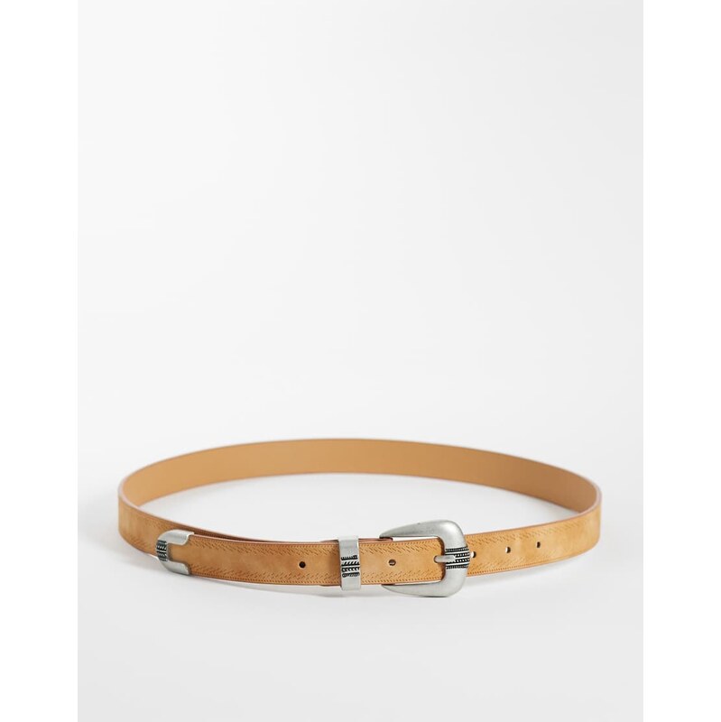 ASOS DESIGN skinny western embossed detail belt in tan faux