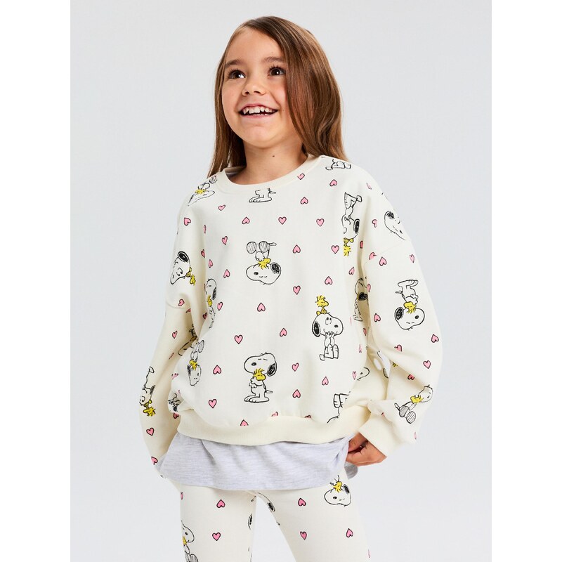 Sinsay - Bavlněná mikina crewneck s potiskem Peanuts - krémová