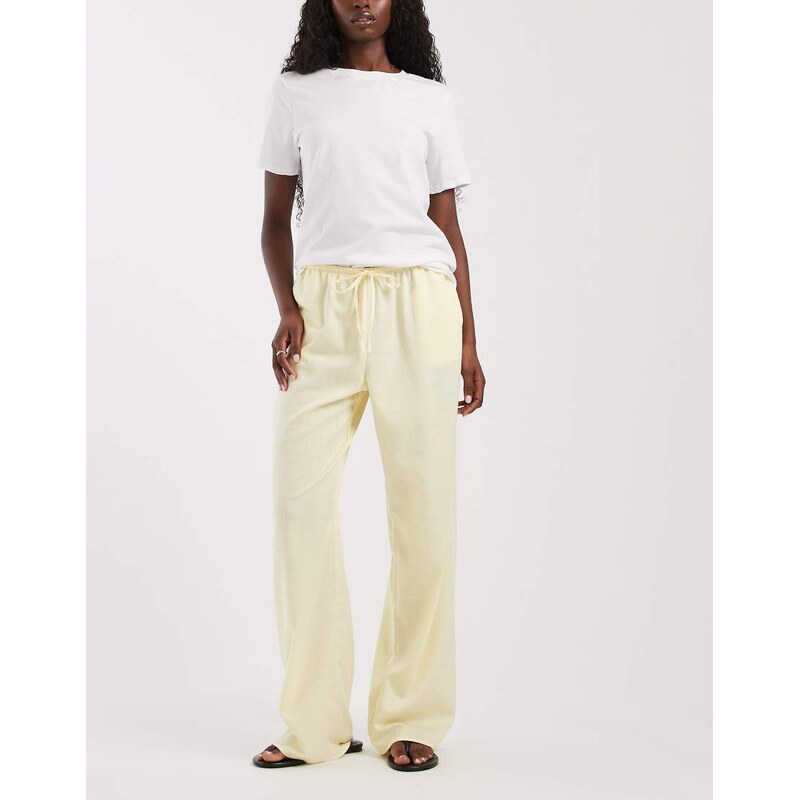 ASOS DESIGN linen wide leg pull on trouser in buttermilk-Yellow