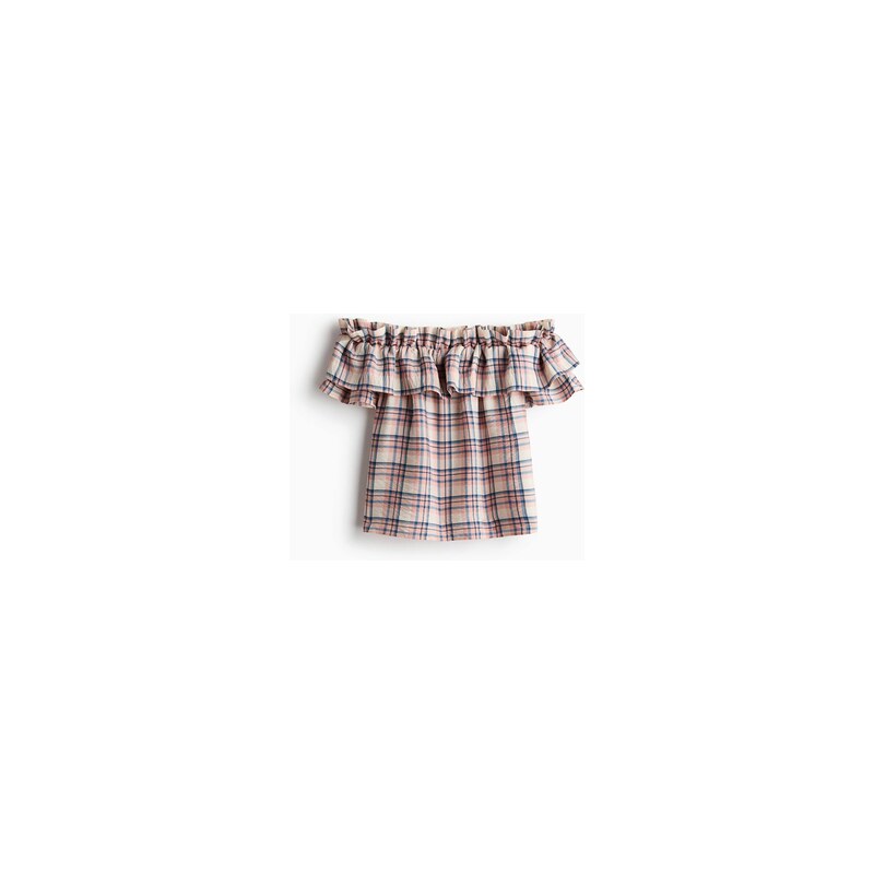 H&M - Volánkový top odhalující ramena - Světle Béžová/Kostka