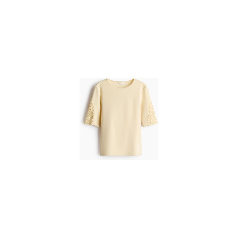 H&M - Žebrovaný tops krajkovými vsadkami - Světle Žlutá