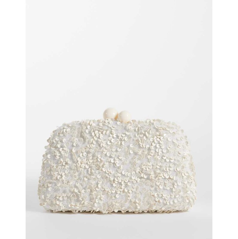 True Decadence embellished sequin clutch bag in cream-White