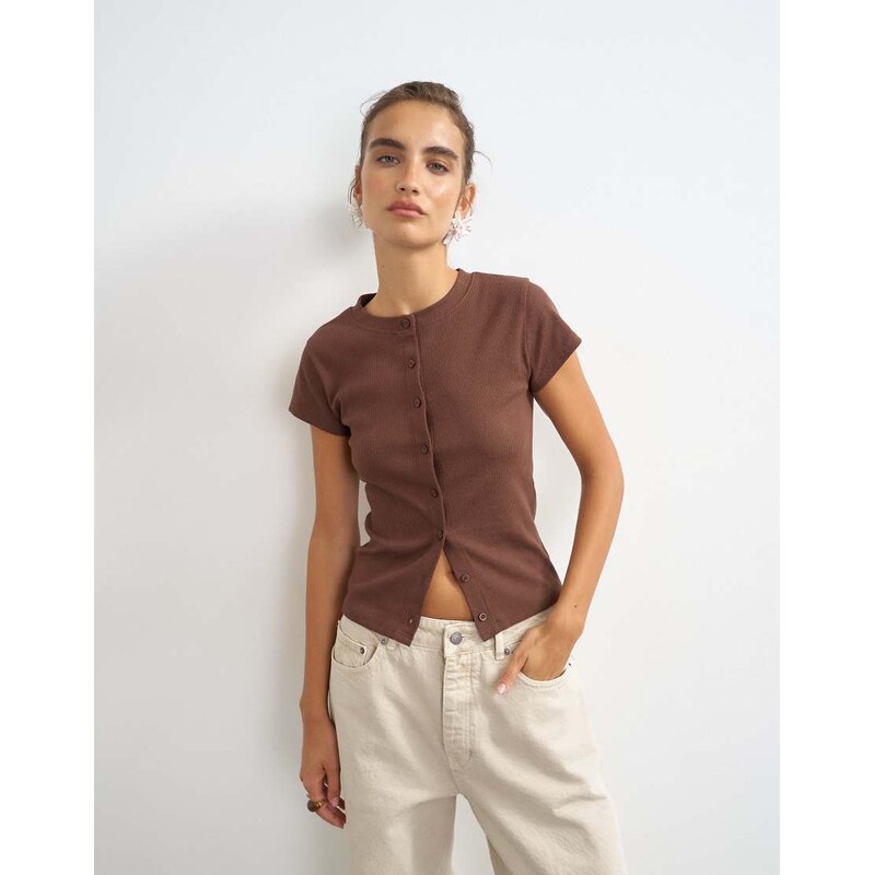 Topshop button through short sleeve top in brown