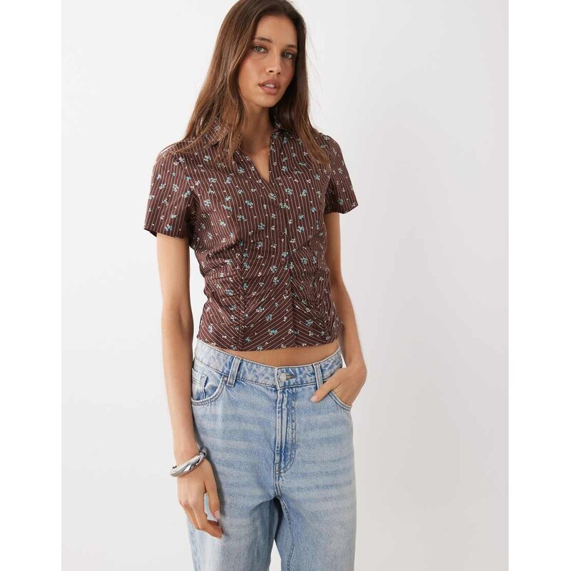 Cotton On Maya ruched shirt in bonnie pinstripe dark oak-Brown