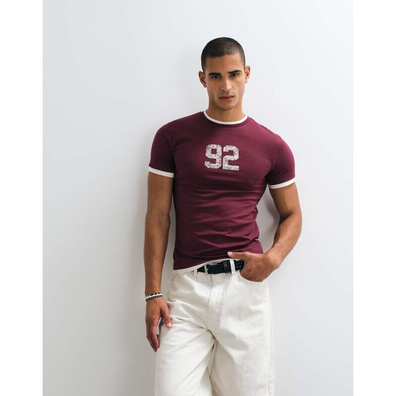 ASOS DESIGN slim t-shirt with 92 graphic in maroon-Red