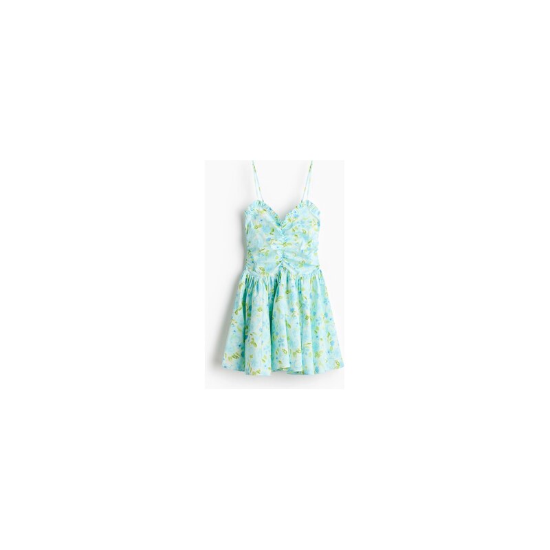 H&M - Řasené bavlněné šaty - Světle Tyrkysová/Květy