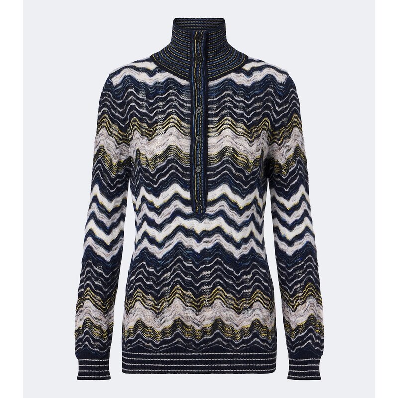 Dámský Missoni Zigzag svetr v barvě modré s žlutou a bílou zdobí