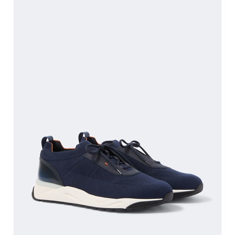 Santoni Leather-trimmed knitted sneakers