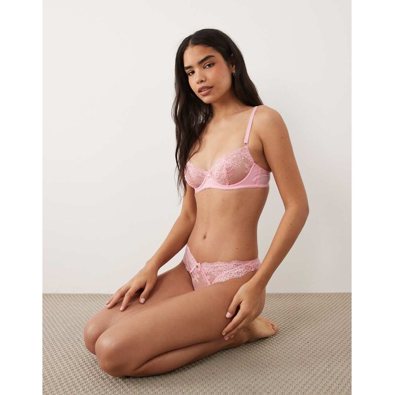 Boux Avenue Elsbeth embroidered mesh and lace thong in rose pink