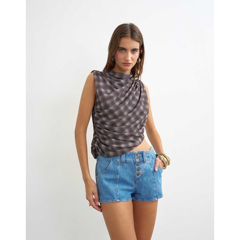 Topshop denim button fly knicker short in mid blue