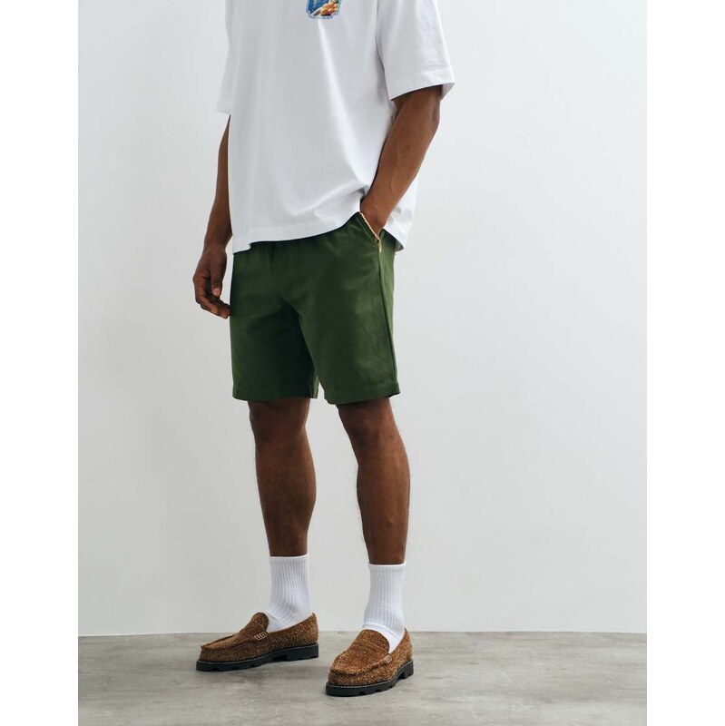 Belier linen mix pull on shorts in olive-Green