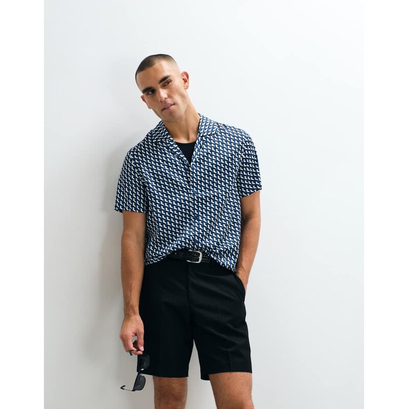 Belier revere collar illusuion print shirt in blue-Multi