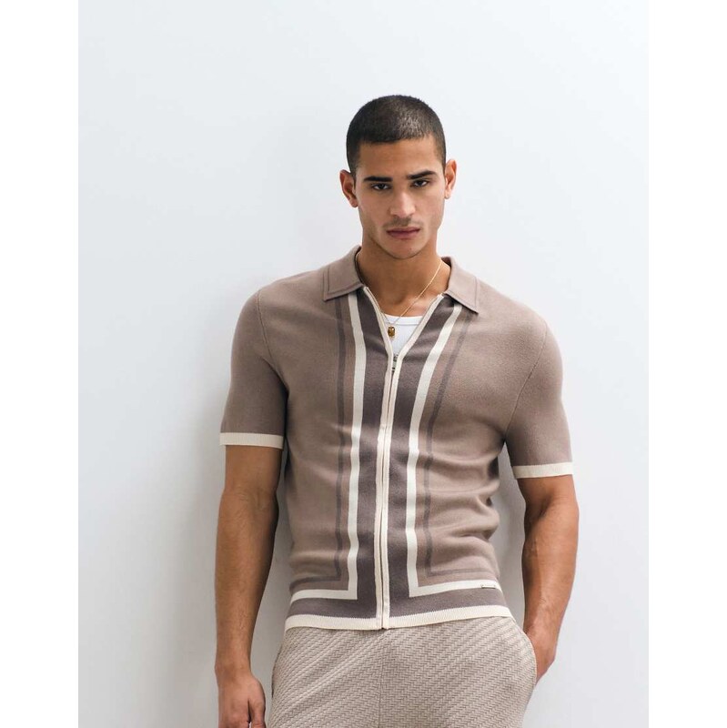 Belier panelled zip through knitted polo in taupe-Brown