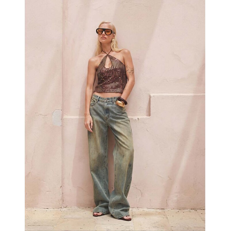 Motel kelabu keyhole detail halter neck sequin top co-ord in