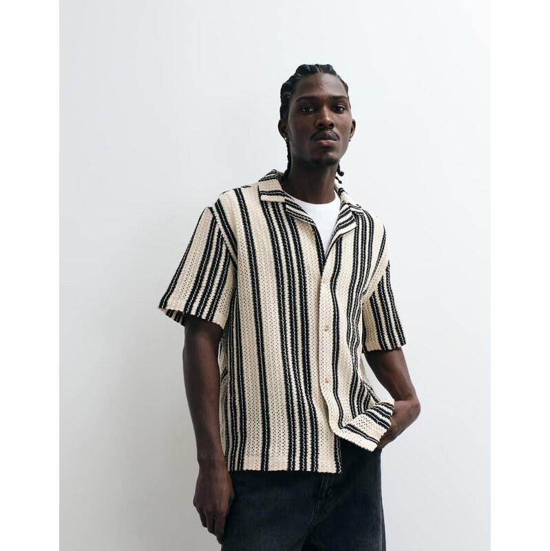 ASOS DESIGN relaxed revere crochet stripe shirt in black and