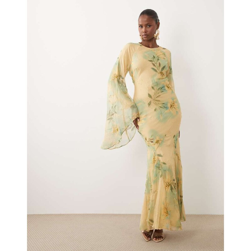 ASOS DESIGN embellished print maxi dress with volume sleeve in