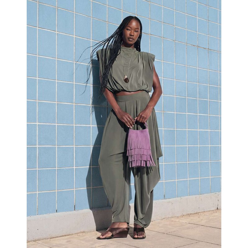 ASOS DESIGN volume drape co-ord padded shoulder top in khaki
