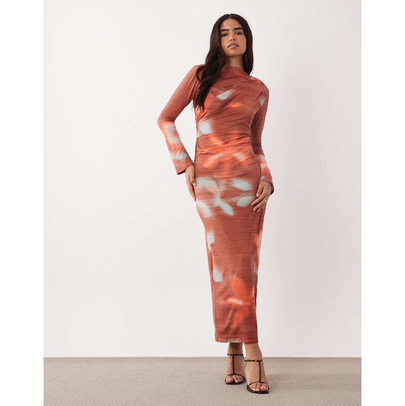 ASOS DESIGN asymmetric drape slash neck maxi dress in blurred