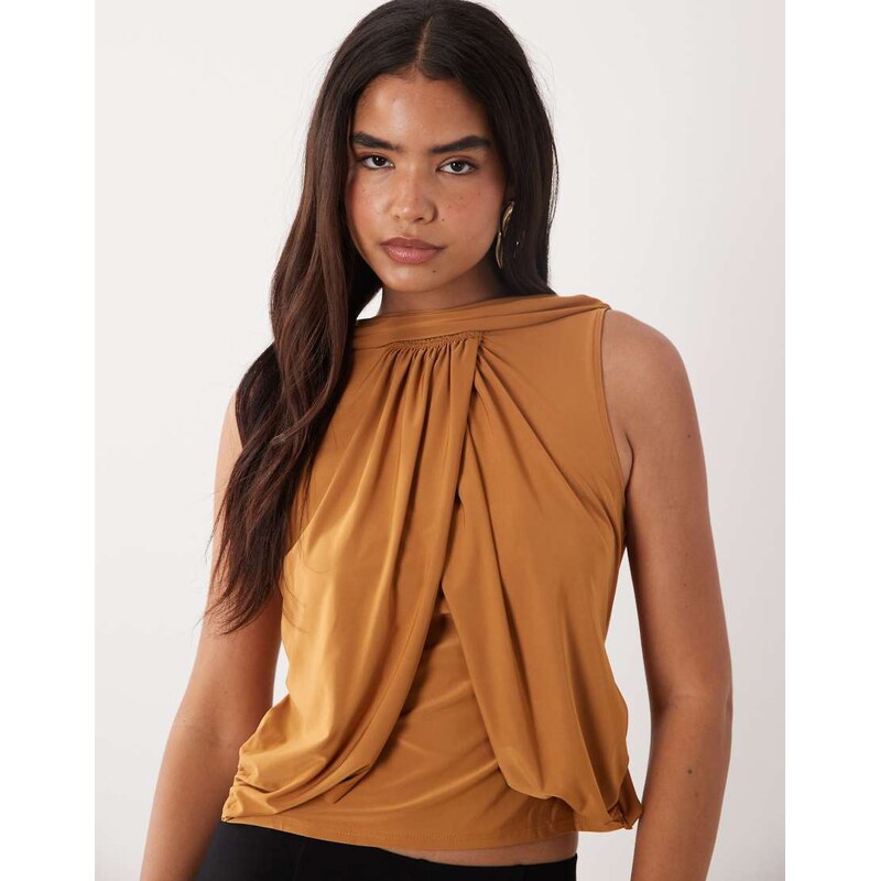 ASOS DESIGN slinky draped shell top in ginger-Brown