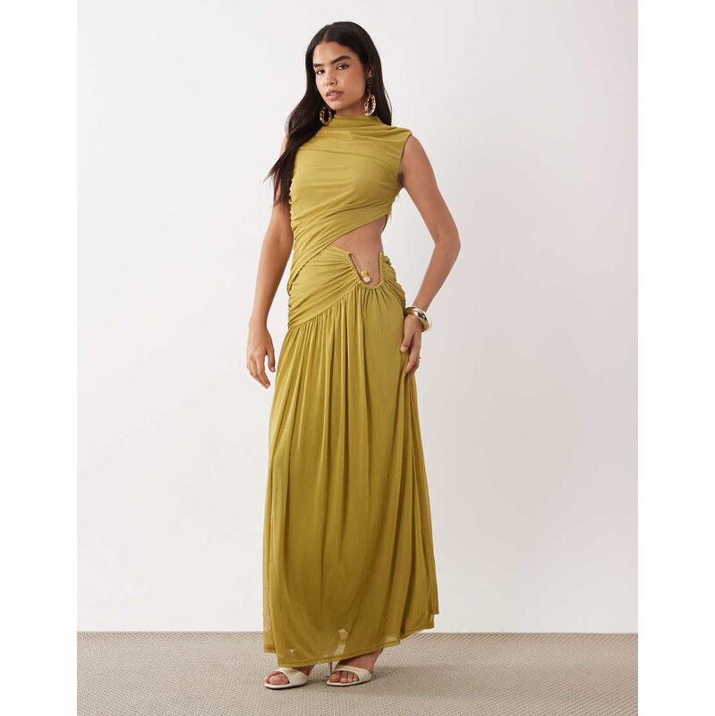 ASOS DESIGN ruched mesh high neck maxi dress with wire hardware